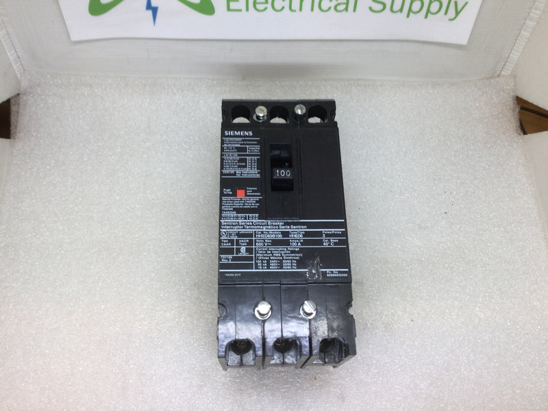 Siemens HHED63B100 3 Pole 100A 600VAC Type HHED6 Sentron Series Circuit Breaker