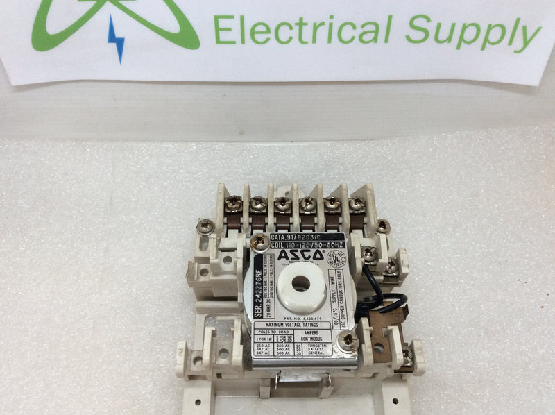 ASCO 91762031C S/N 242276RE 20 Amp 250V 3 Pole 125VDC 2 Pole Coil 110-120v 50-60HZ