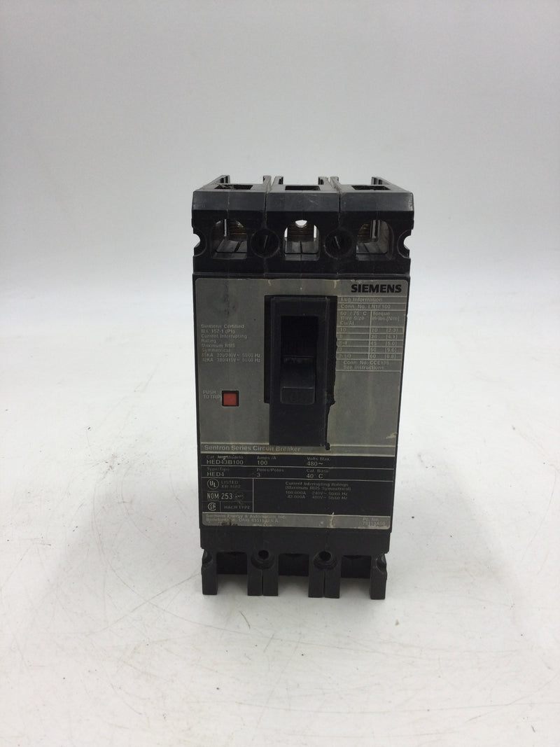 Siemens Sentron Series HED43B100 3 Pole 100 Amp 480V Type HED4 Circuit Breaker