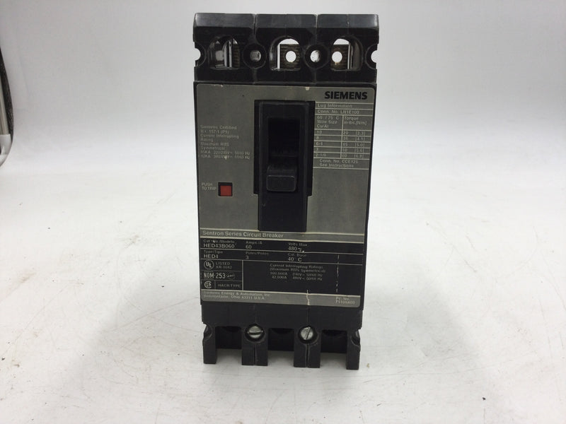 Siemens Sentron Series HED43B060 480V 60Amps 3-Poles Type HED4