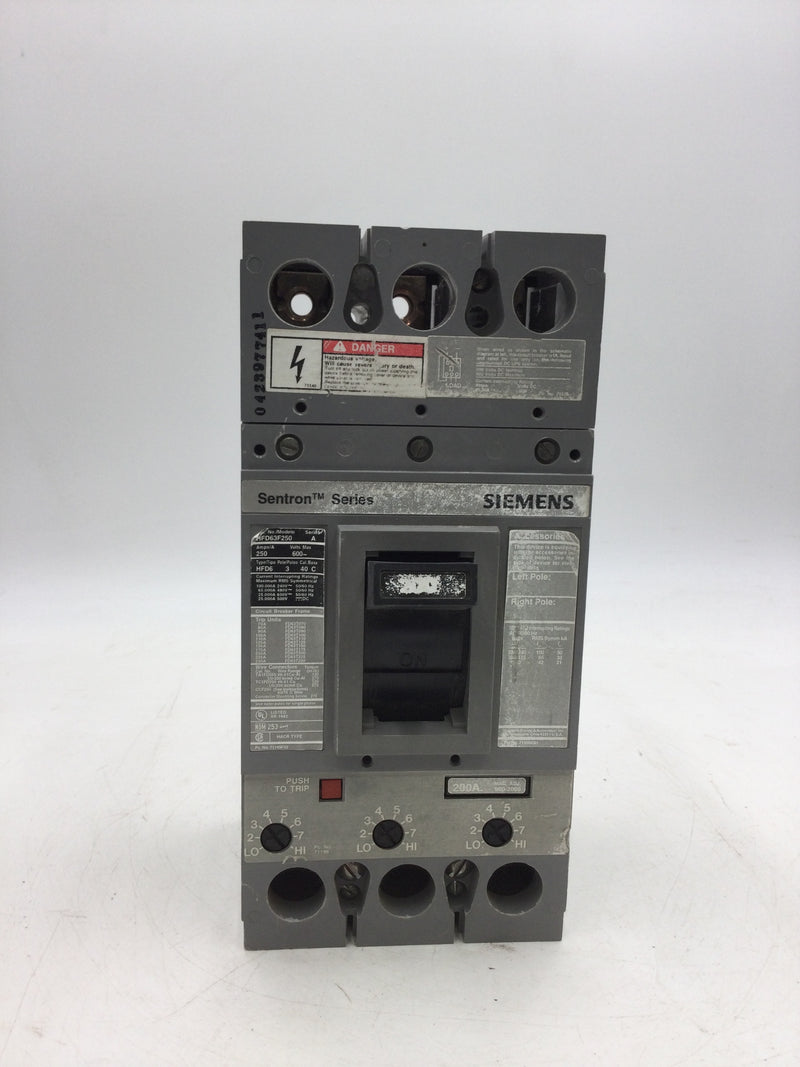 Siemens HFD63F250 3 Pole 250A 600VAC Type HFD6 Circuit Breaker