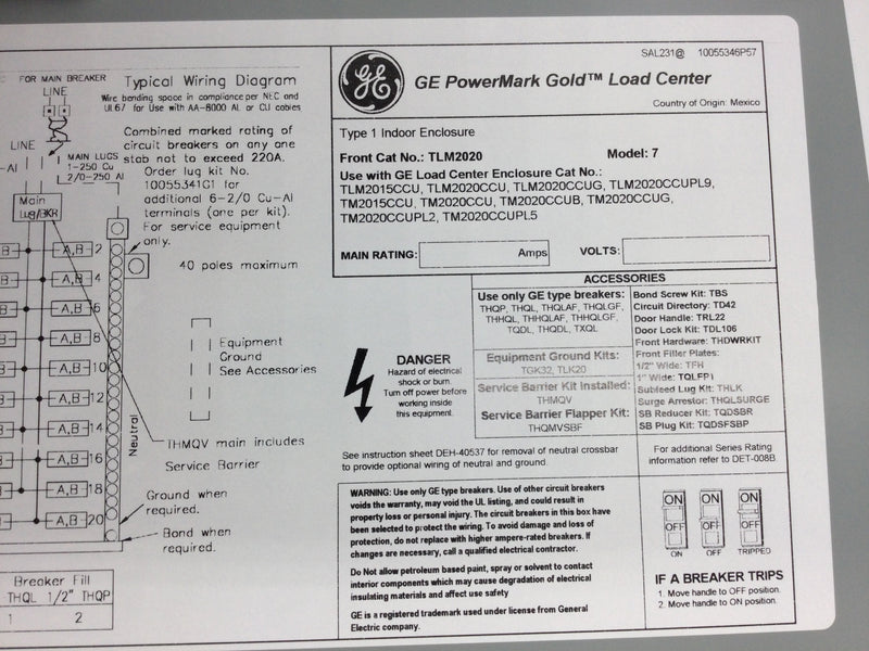 GE Main Lug Indoor 200 Amp 20/40 Spaces 120/240v TLM2020CCUP
