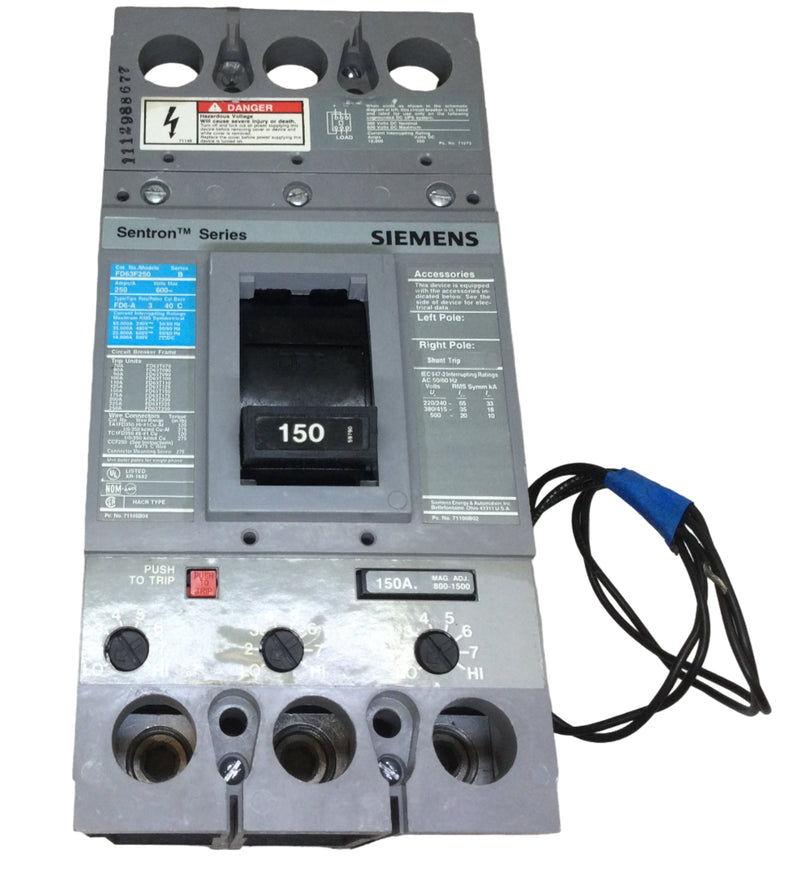 Siemens FD63F250 250 Amp 3 Pole 600V FD6-A Circuit Breaker W/FD63T150 Trip Set