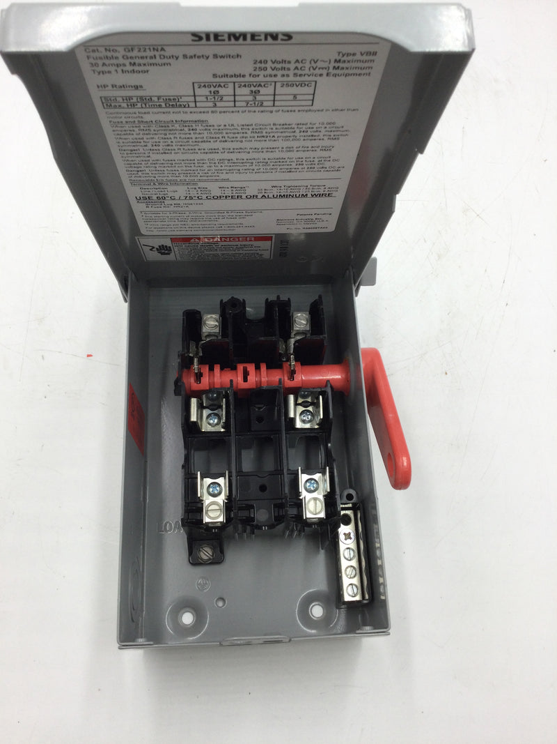 Siemens GF221NA General Duty 30 Amp 2-Pole 3-Wire 240-Volt Fusible Indoor Safety Switch