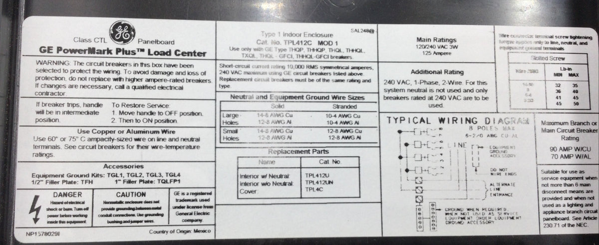 GE TPL412CP 125 Amp 4 Space/8 Circuit 240V Main Lug Load Center 9 1/2
