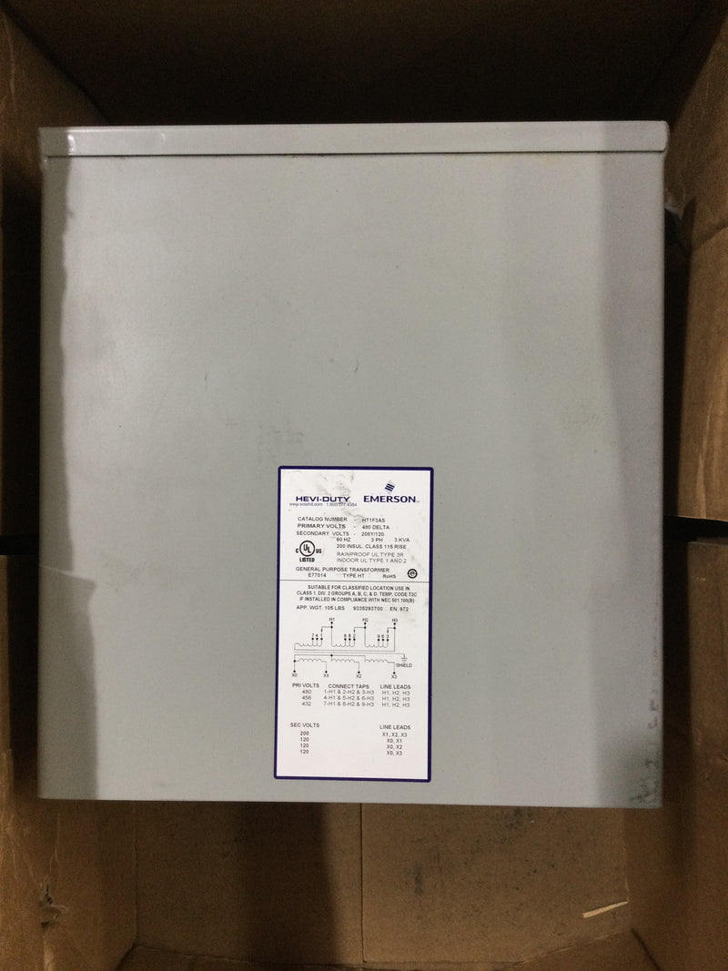 Solahd Emerson Transformer HT1F3AS 480/208Y E77014