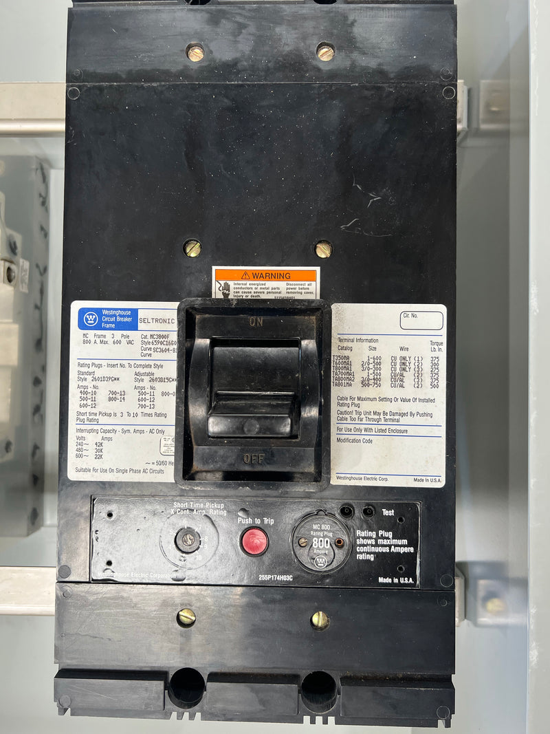 Westinghouse SNDN1200 1200A 600VAC Type 1 Circuit Breaker Enclosure with 800 Amp MC3800F