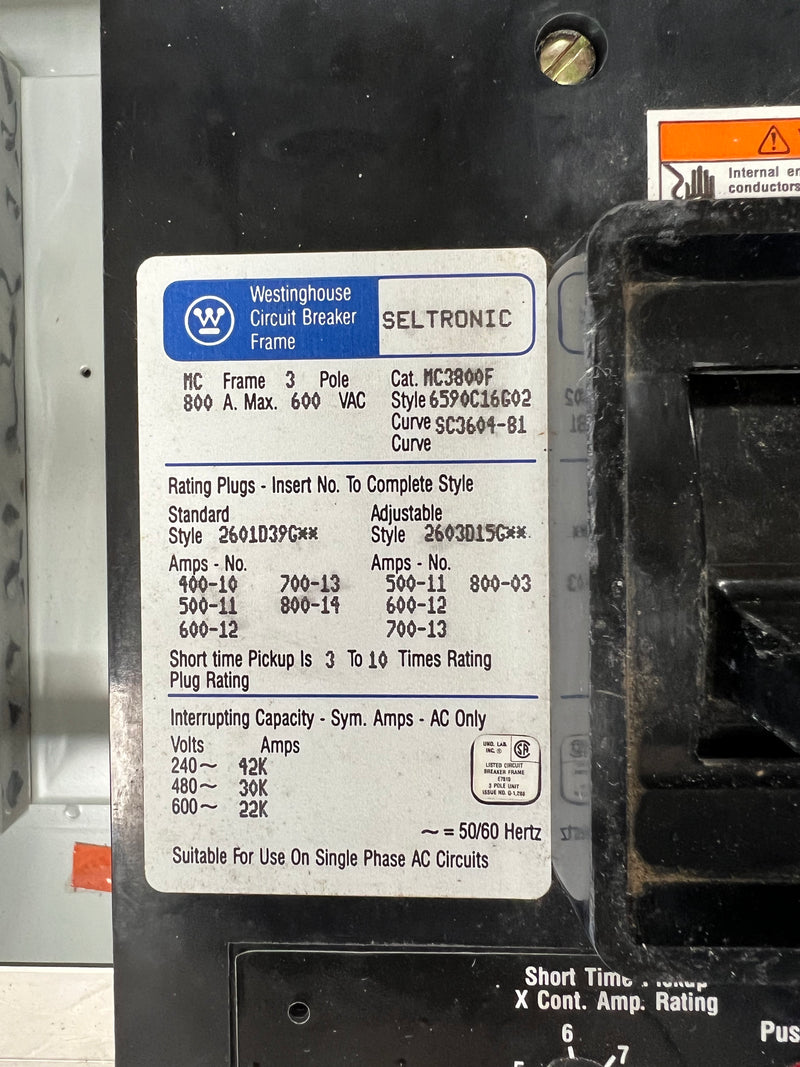 Westinghouse SNDN1200 1200A 600VAC Type 1 Circuit Breaker Enclosure with 800 Amp MC3800F