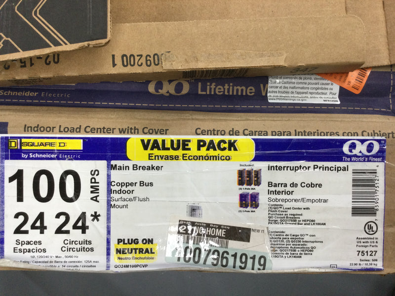 Square D QO124M100PCVP 100 Amp 24-Space 24-Circuit Indoor Main Breaker Plug-On Neutral Load Center with Cover- Value Pack(QO24M100PCVP)