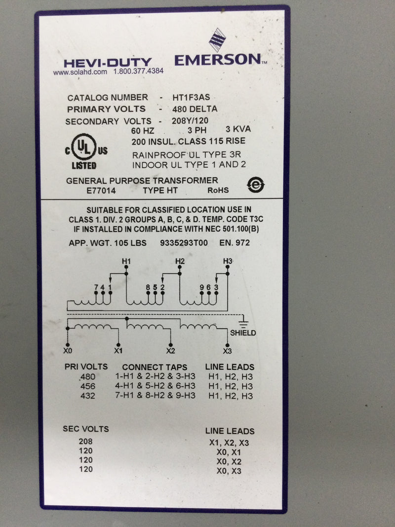 Solahd Emerson Transformer HT1F3AS 480/208Y E77014