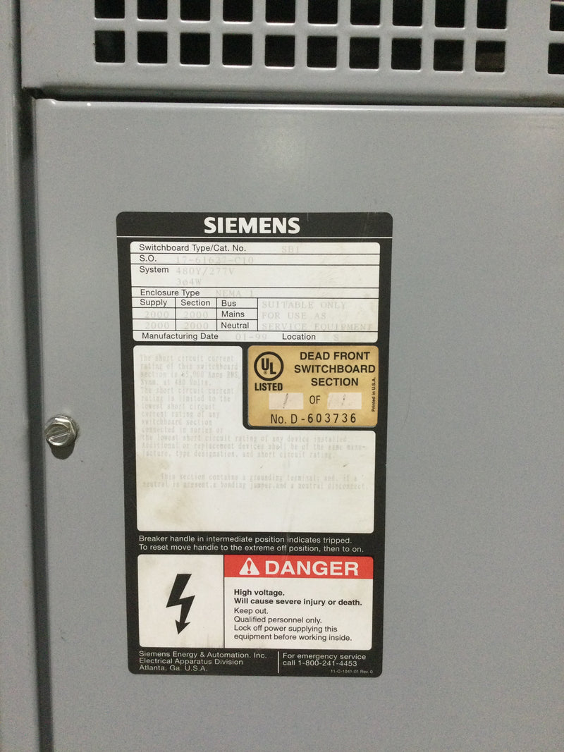 Siemens 17-61627-C10 SB1 Switchboard  Nema1 Enclosure 3 Phase 480Y/277V 2000A Max