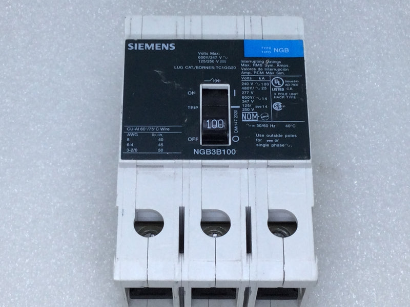 Siemens NGB3B100 3 Pole 100 Amp 25KA @ 480V Circuit Breaker