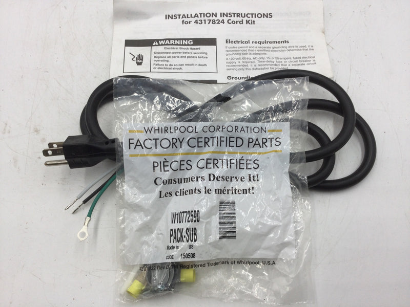 Whirlpool 4317824 Dishwasher Power Cord 4-Foot 3 Wire New