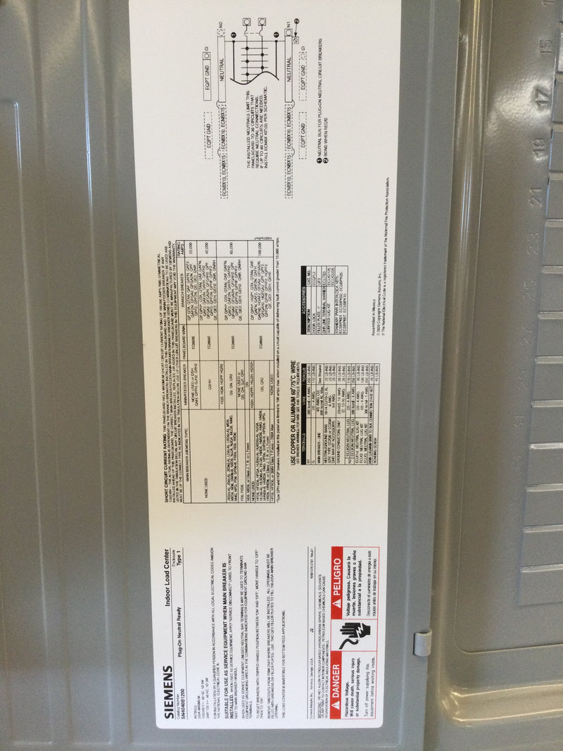Siemens SN4040B1200 200A 40 Space/40 Circuit 120/240V Plug On Neutral Ready (New In Box)
