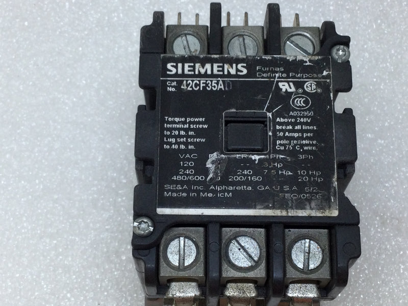 Siemens 42CF35AD Definite Purpose Contactor 40 Amp 3 Pole Coil 208-240V 60Hz