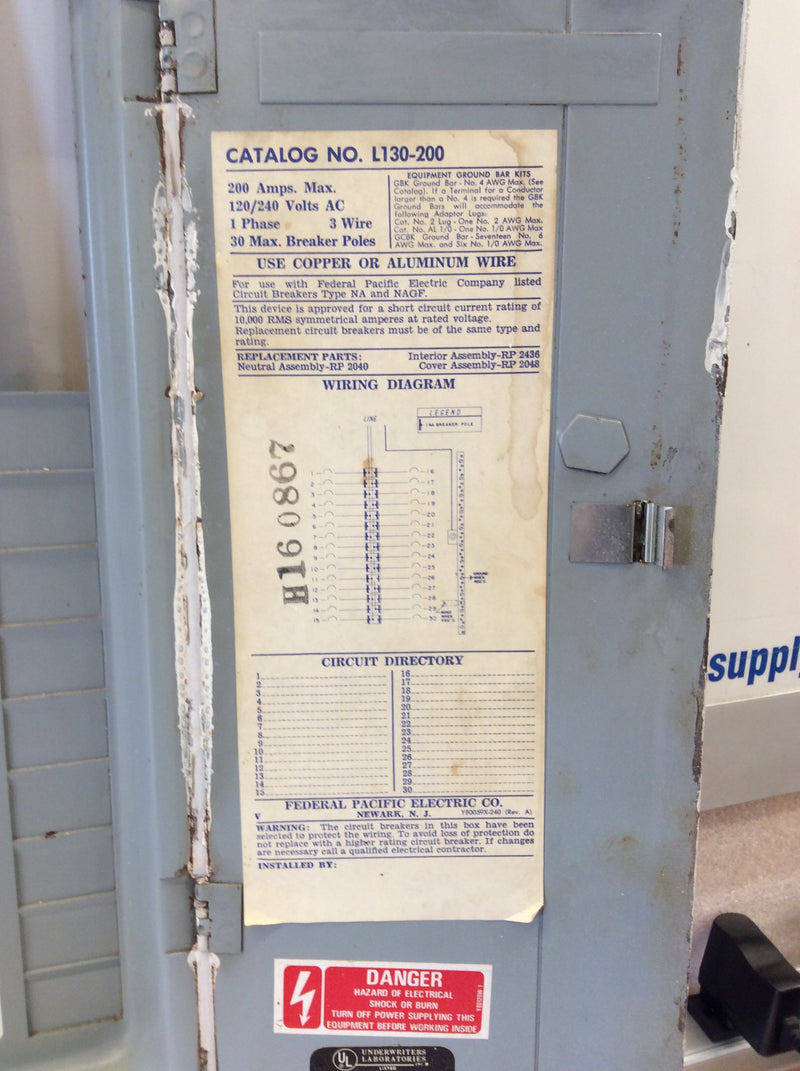 FPE L130-200 200 Amp 120/240v 1 Phase 3 Wire 30 Space Panel Cover 30 2/16"x 14.25"