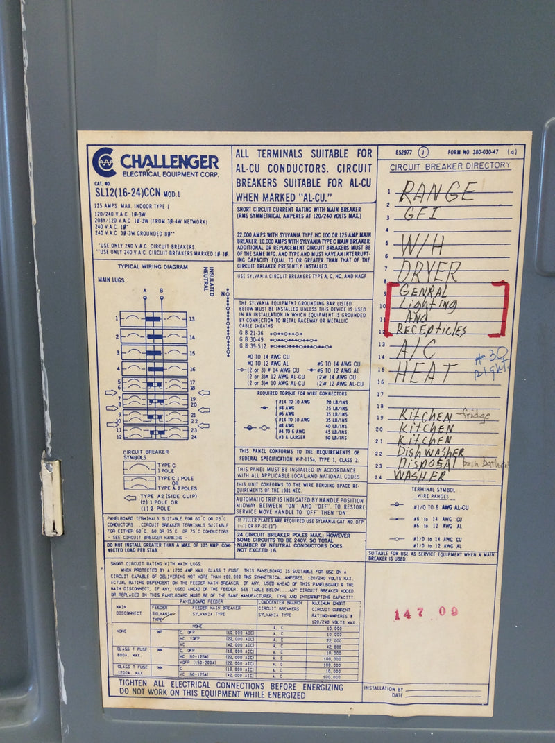 Challenger SL12(16-24)CCN 125 Amp 120/240v Mod 1 Panel Board Cover 24 1/4" x 15 1/8"