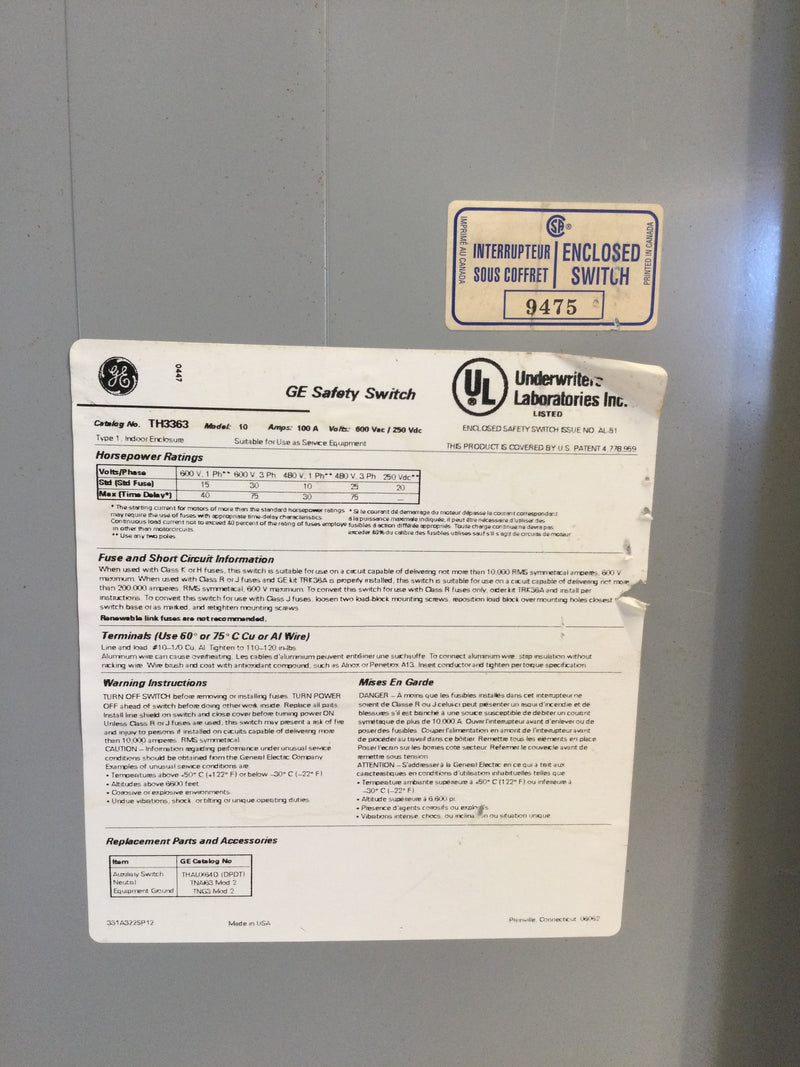 General Electric TH3363 3Ph Fusible 100A 600VAC Safety Switch/Disconnect Model 10