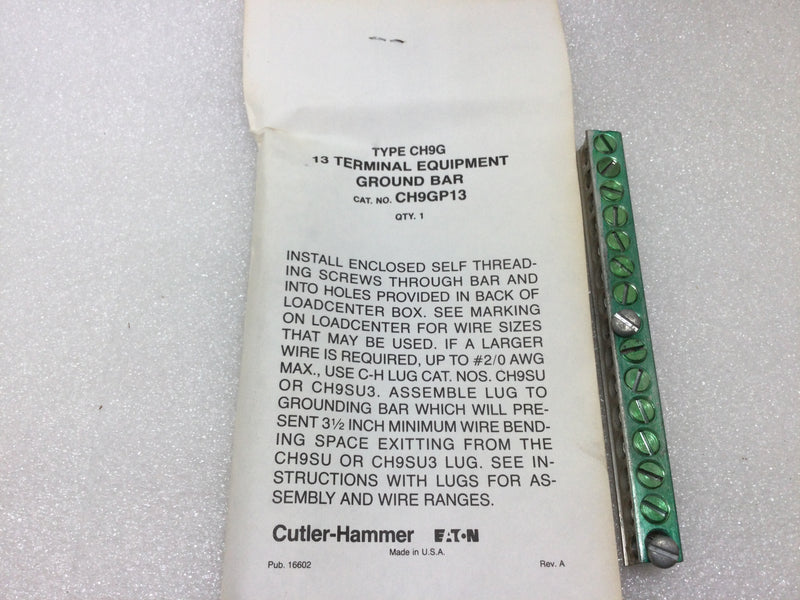 Cutler Hammer 13 Terminal Ground Bar Kit Type Ch9g Ch9gp13
