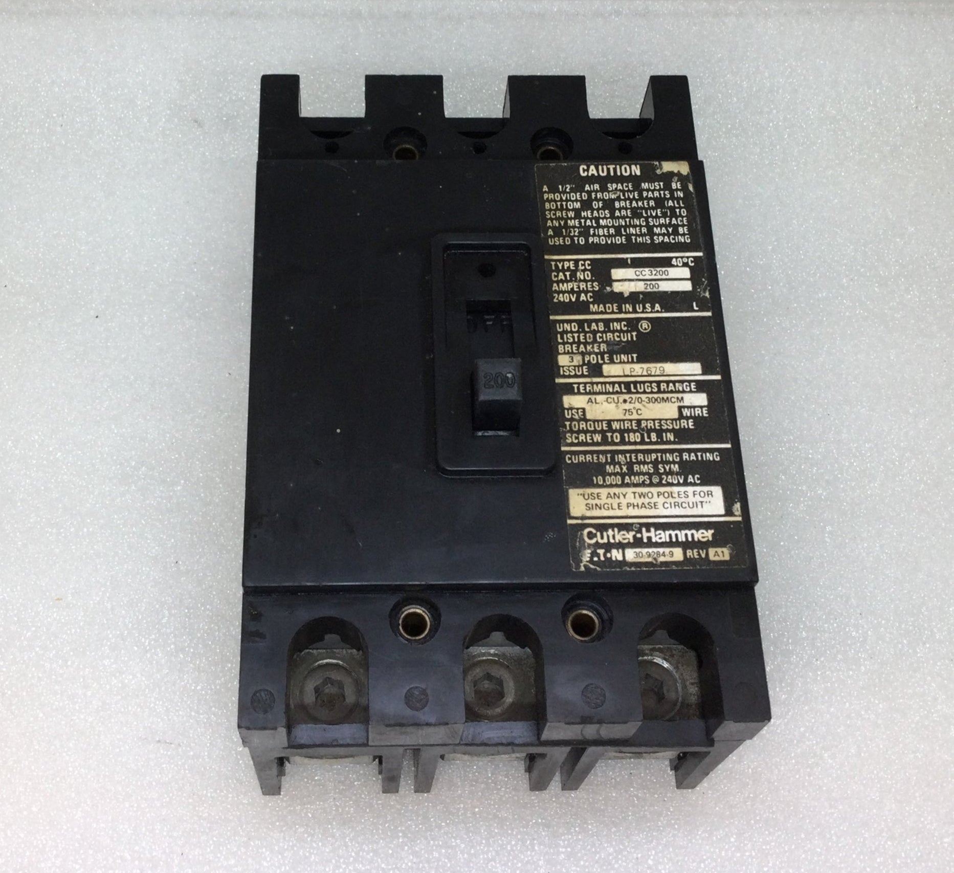 Eaton/Cutler-Hammer CC3200 3 Pole 200A 240VAC Type CC Main Breaker