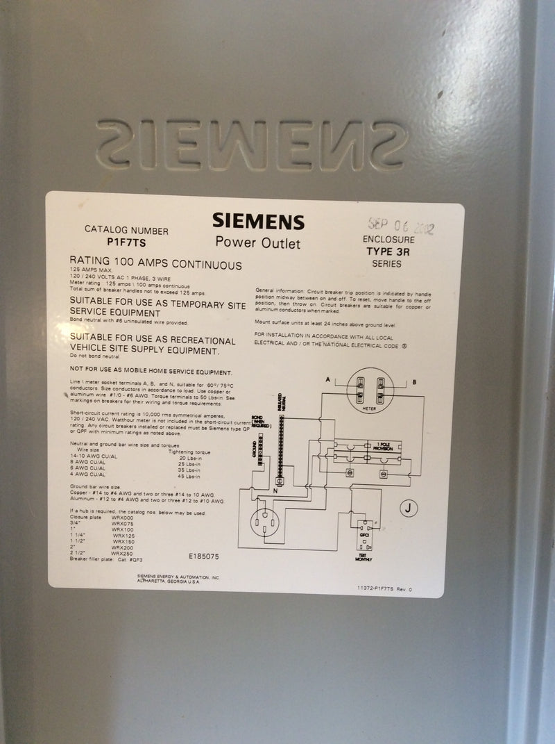 Siemens P1F7TS 100A 120/240VAC Nema3R Enclosure Metered RV Pedestal 6 Space (Covers Only)