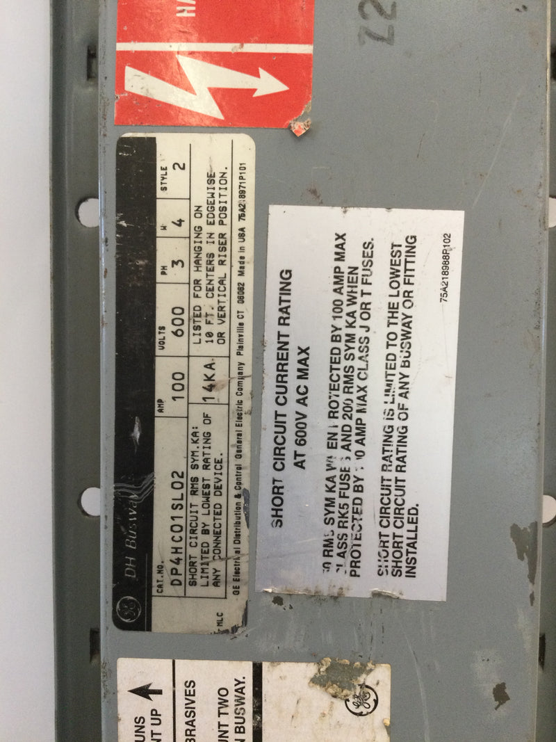 GE DP4HC01SL02; Type DH, 100A, 100 Amp, 600V, 3 Phase, 4W, Style 2 Straight Plug In Busway