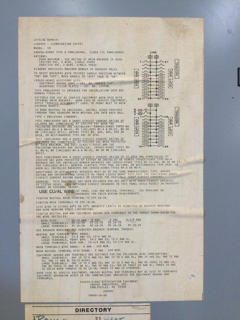 Crouse-Hinds LC024PC 24 Space Combination Panel Cover/Dead Front 15 1/2" x 29"