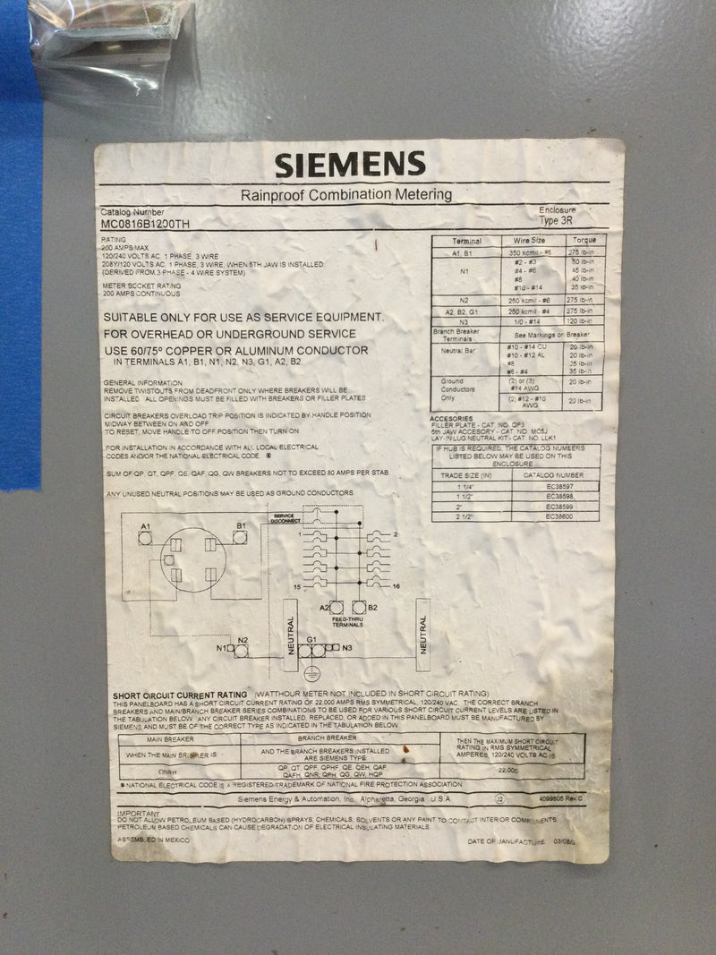 Siemens MC0816B1200TH; Panel Cover Only, 150/200 Amp, 240v
