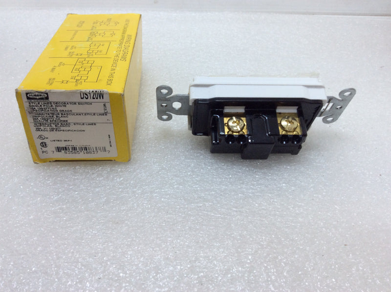 Hubbell DS120W Single Pole White Decorator Switch 20a 120/277v