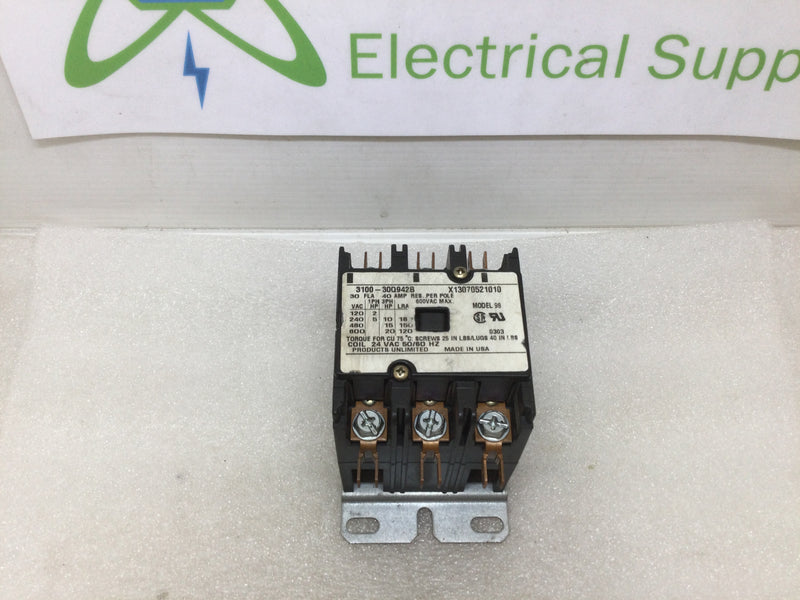 Products Unlimited 3100-30Q942B; 24 Vac, 40 Amp, 50/60hz Contactor Relay