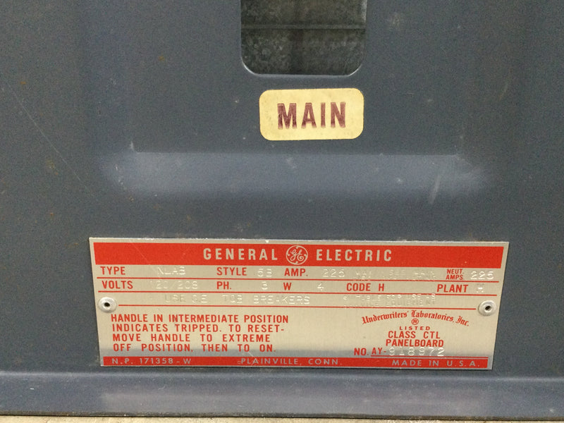 GE General Electric 225 Amp 120/208v 3 Phase 4 Wire Type NLAB Dead Front 36.5" x 8.5"