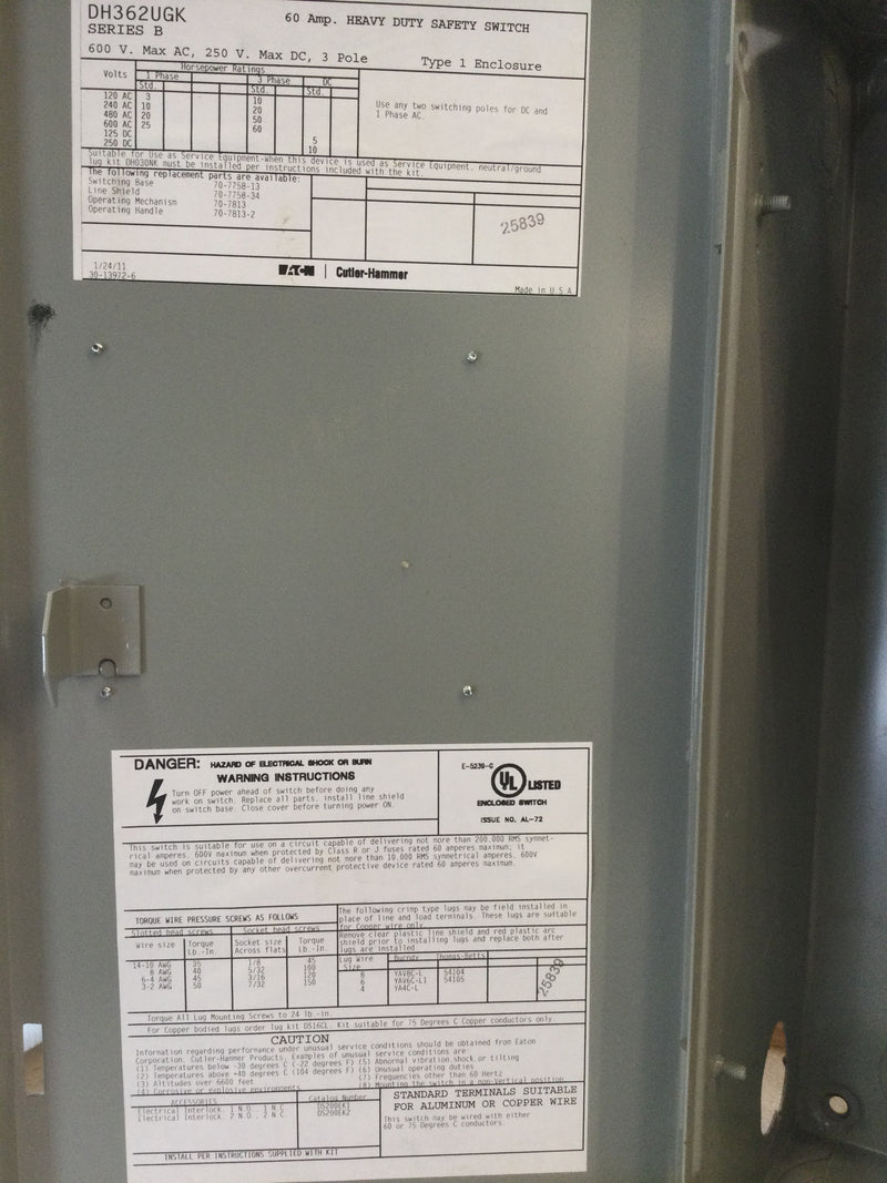 Eaton/Cutler-Hammer DH362UGK, 60A, 3 Pole, 600VAC, Non-Fused, Nema1 Safety Switch