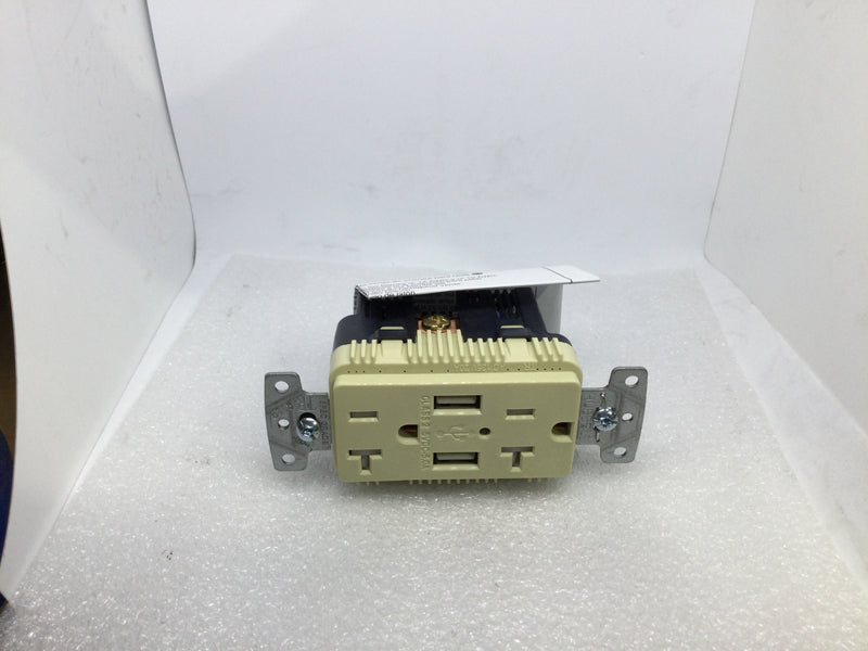 Hubbell USB20A51 Tamper Resistant 20A 125V Duplex Receptacle 2: 5A USB Ports Ivory (New Open Box)