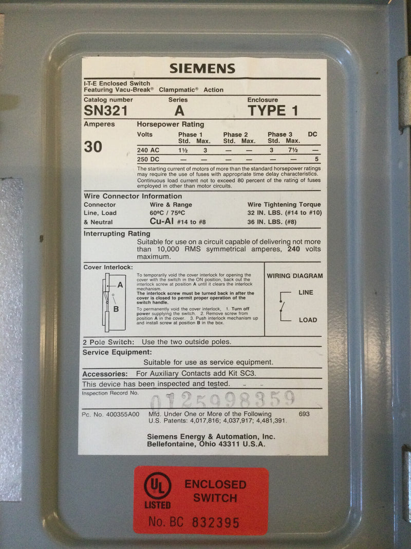 Siemens SN321 Single Phase 30A 240VAC Fused Safety Switch Disconnect Type 1 Enclosure