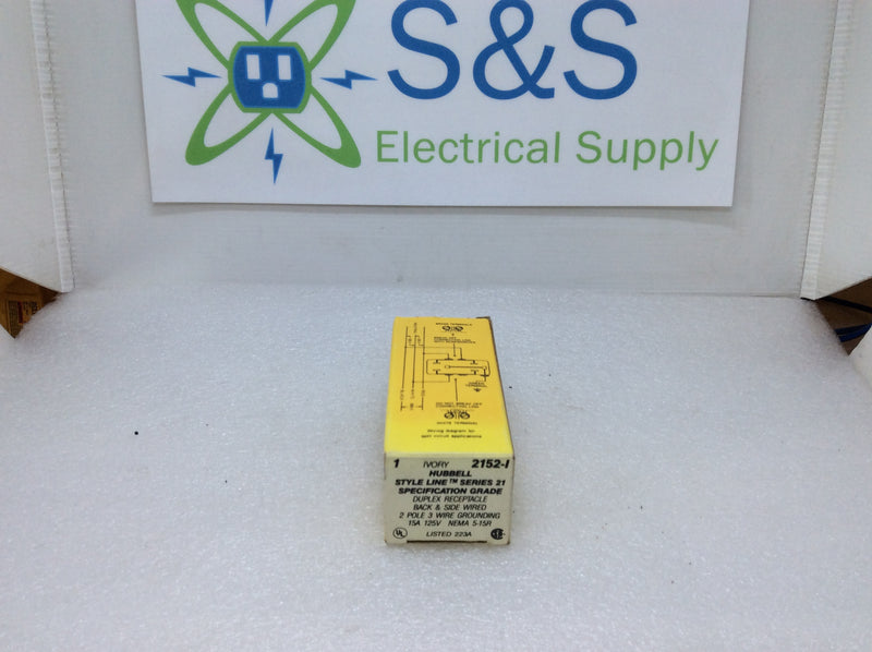 Hubbell 2152-I 2 Pole 3 Wire 15A 125VAC Duplex Receptacle Nema 5-15R (New Open Box)