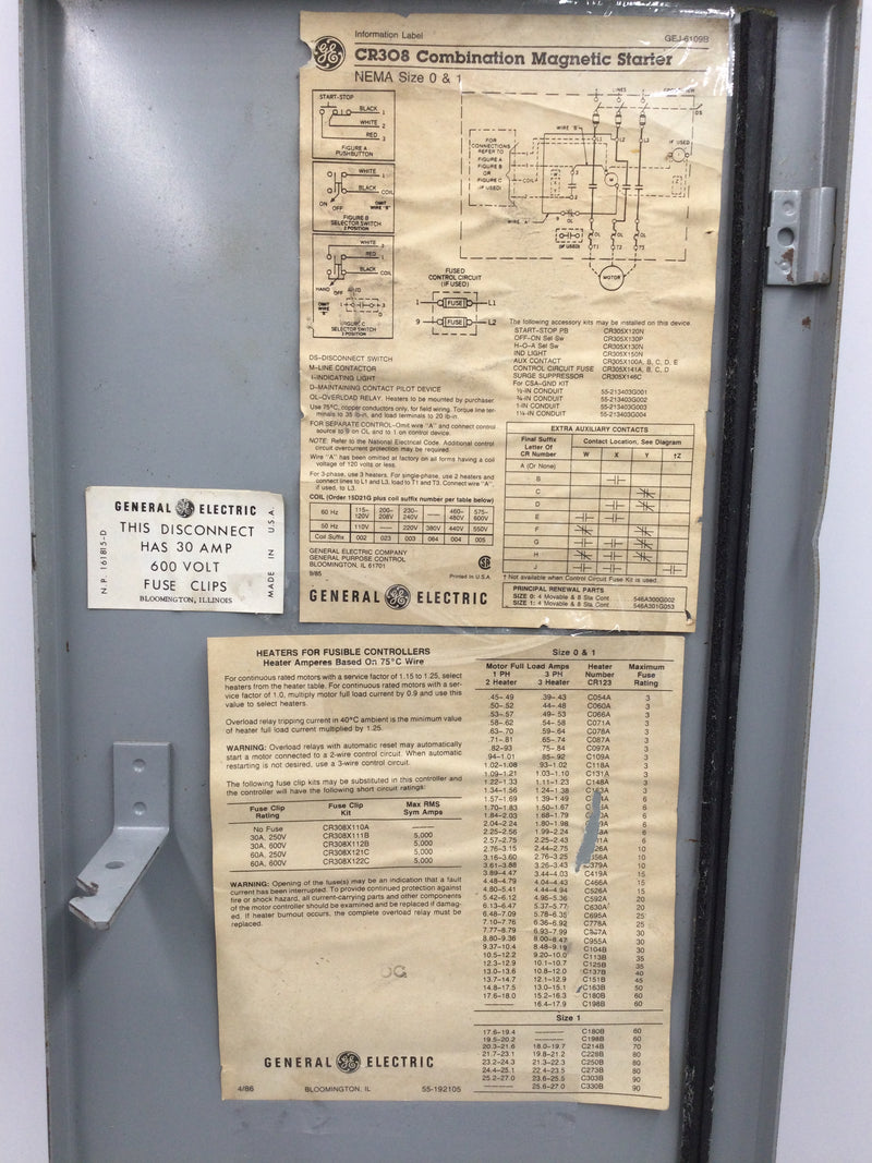 General Electric 300 Line Control Fuse Panel Door Nema Size 0 & 1 30 Amp 600V GEJ-6109B 8.5" x 23.75"