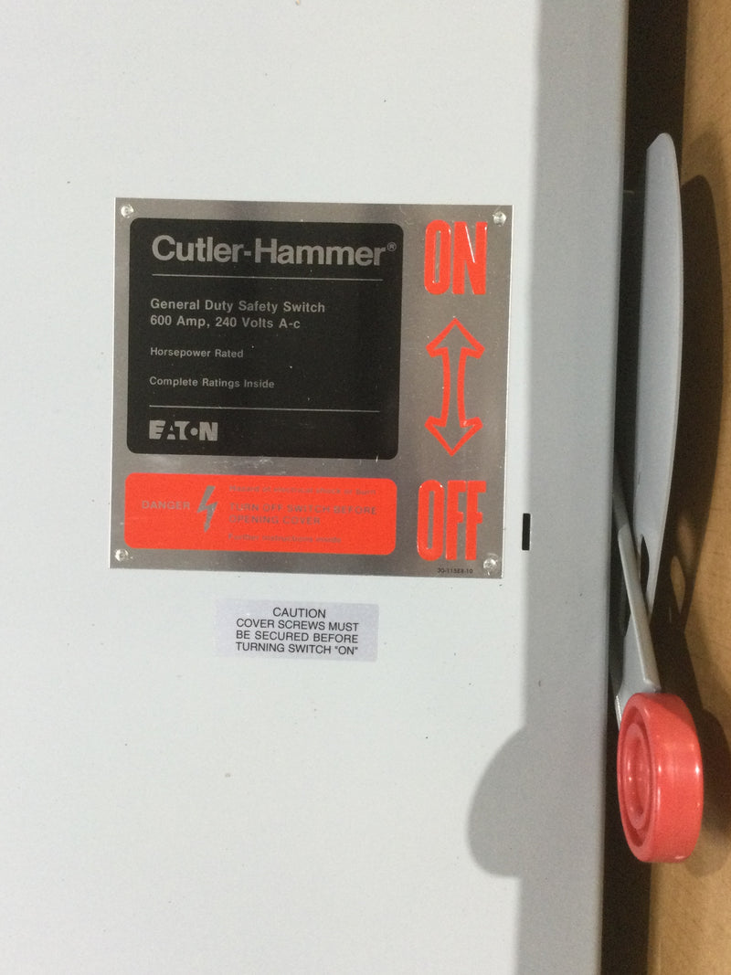 Cutler Hammer DG326UGK 3Ph 600A 240V/AC Type Nema1 Indoor Non-Fused Safety Switch/Disconnect