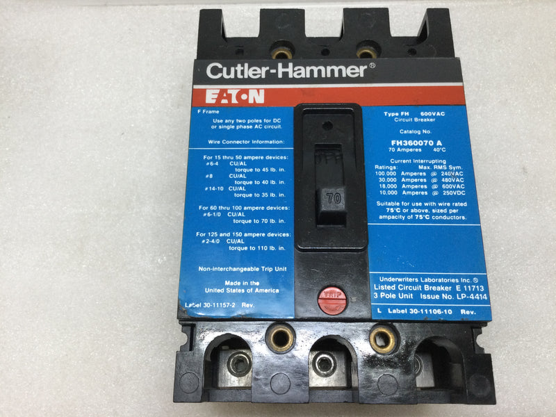 Cutler Hammer Fh360070 A 3 Pole 70 Amp 600v Circuit Breaker