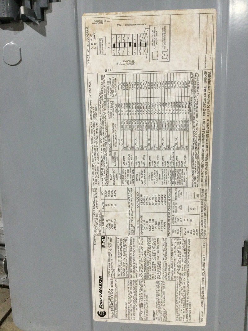 Challenger/Eaton/Murray Powermaster 150 Amp Panel W/Main Breaker 15/30 Sp