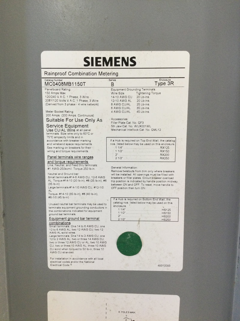 Siemens MC0408MB1150T Rainproof Combination Metering Type 3R 150 Amp