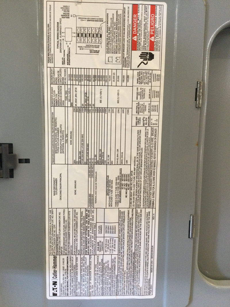 Eaton/Cutler-Hammer BR Series BR1224L125 Nema1 12 Space/24 Circuit 125 Amp 120/240vac, Convertible: Main Breaker/Mlo