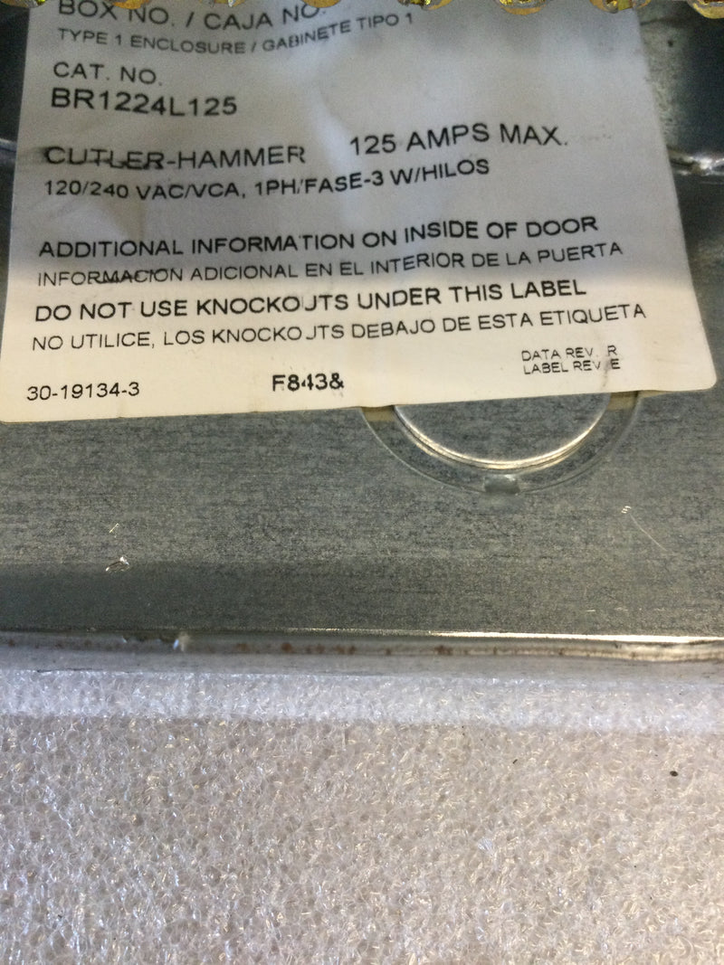 Eaton/Cutler-Hammer BR Series BR1224L125 Nema1 12 Space/24 Circuit 125 Amp 120/240vac, Convertible: Main Breaker/Mlo