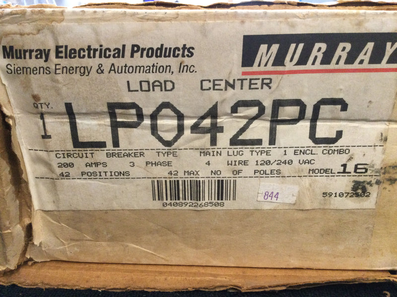 Murray/Siemens Lp042pc 200a, 3phase, 120/240vac, 42 Position, Type: Mlo Load Center