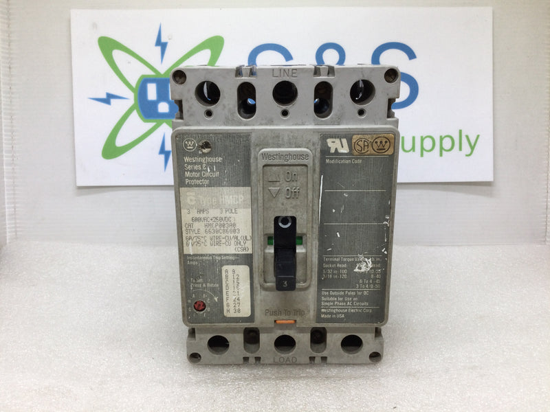 Westinghouse HMCP003A0 3 Amp 600 Vac 250VDC 3 Pole Circuit Breaker