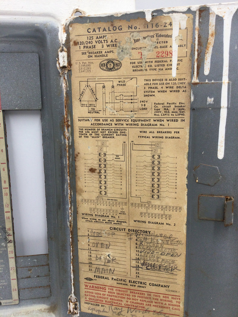 FPE Federal Electric 116-24 125 Amp 120/240v 24 Space Stab-Lok Load Center Cover 16" x 11.5"