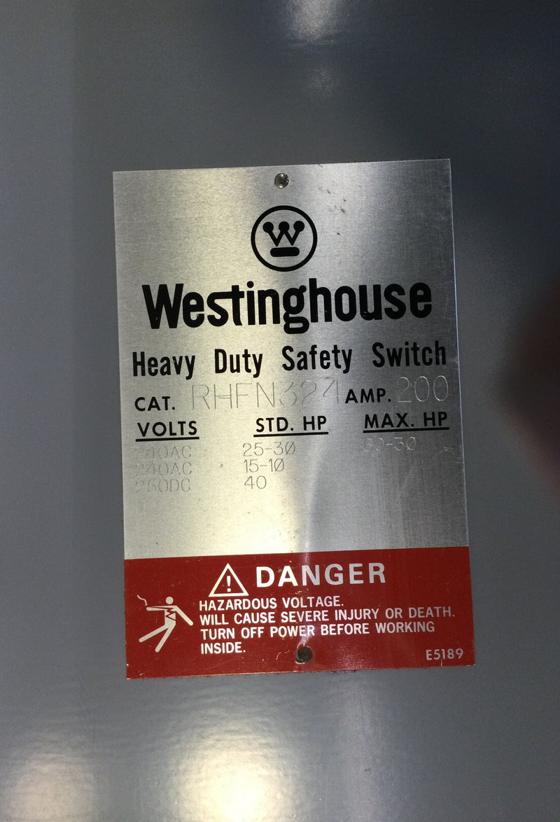 Westinghouse Rhfn324 200a, 240vac, 3ph, Fused, Nema3r Outdoor, Safety Switch