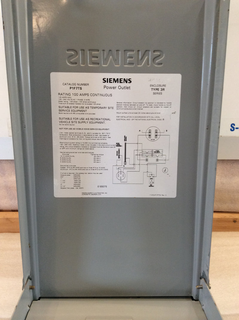 Siemens P1F7TS 100A 120/240VAC Nema3R Enclosure Metered RV Pedestal 6 Space Load Center