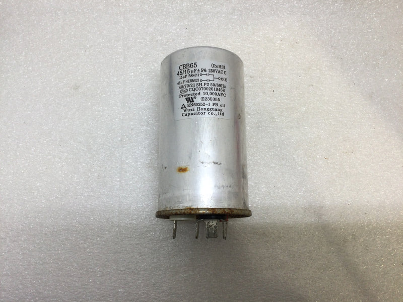 Capacitor CBB65 45/15 uf+5% 250vac 50/60hz 40/70/21