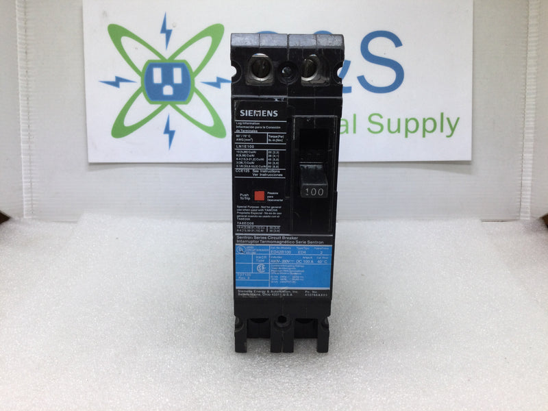 Siemens Ed42b100, 100 Amp 2 Pole 480 Volt Circuit Breaker Ed4