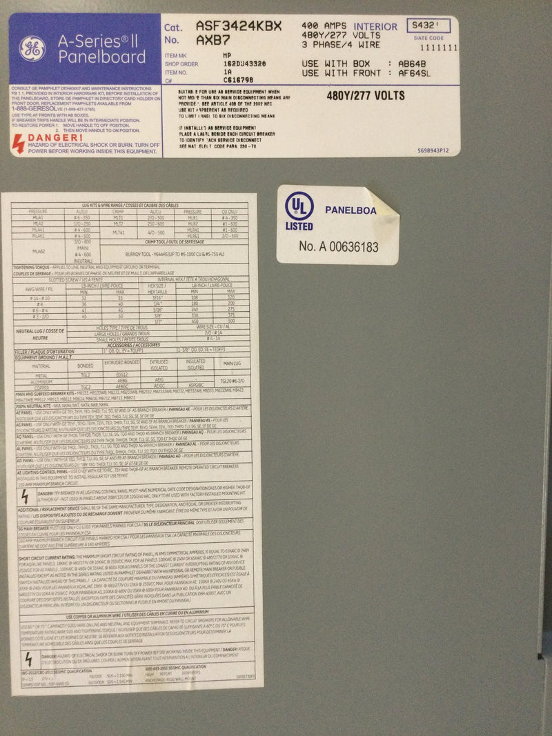 GE General Electric ASF3424KBX 400 Amp 480Y/277V 42 Cir 3Ph 4 Wire A-Series II Main Breaker Panelboard AB64B Can.